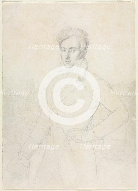 Portrait of a Young Man Standing on the Quirinal with the Turris Comitum in the Background, 1800s. Creator: Jean-Auguste-Dominique Ingres (French, 1780-1867), follower of.