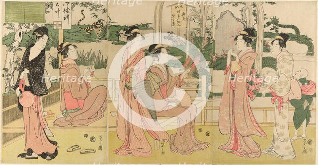 Women viewing dragon and tiger made of tobacco pouches, c. 1795. Creator: Hosoda Eishi.