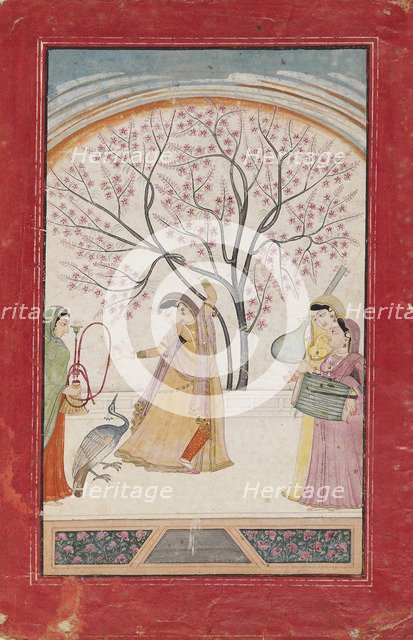 Lady on terrace with tree branch, peacock, maid, and two musicians, late 18th-early 19th century Artist: Unknown.