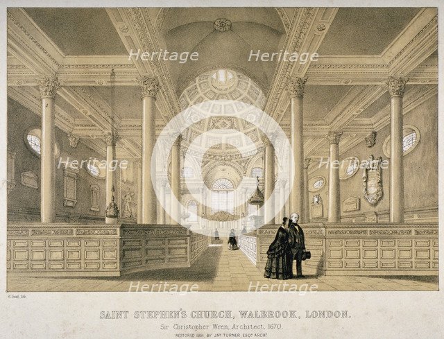 Interior view looking east, Church of St Stephen Walbrook, City of London, 1851. Artist: J Graf