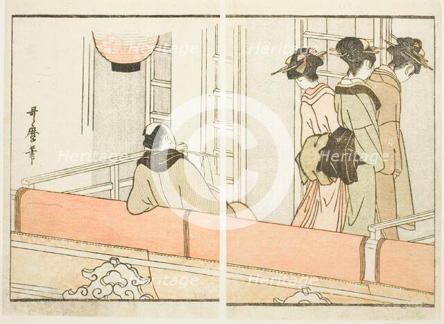 A Box at the Kabuki Theater, from the illustrated book "Guide to the Actors' Dressing Rooms..., 1799 Creator: Kitagawa Utamaro.