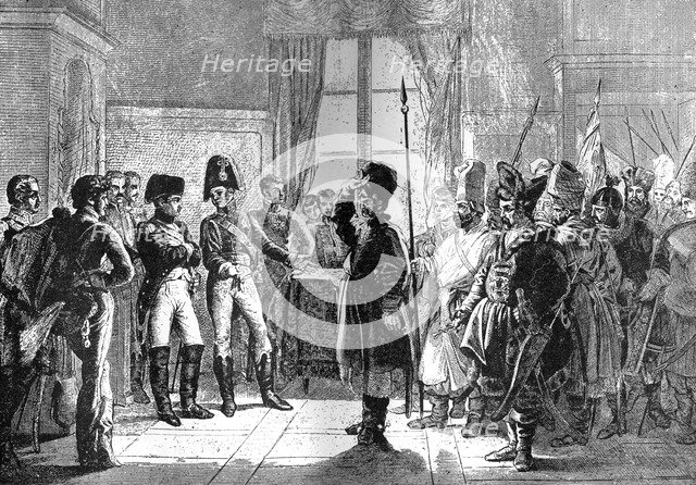 Tsar Alexander I presenting Russian troops to Napoleon, 8th July 1807 (1882-1884). Artist: Unknown