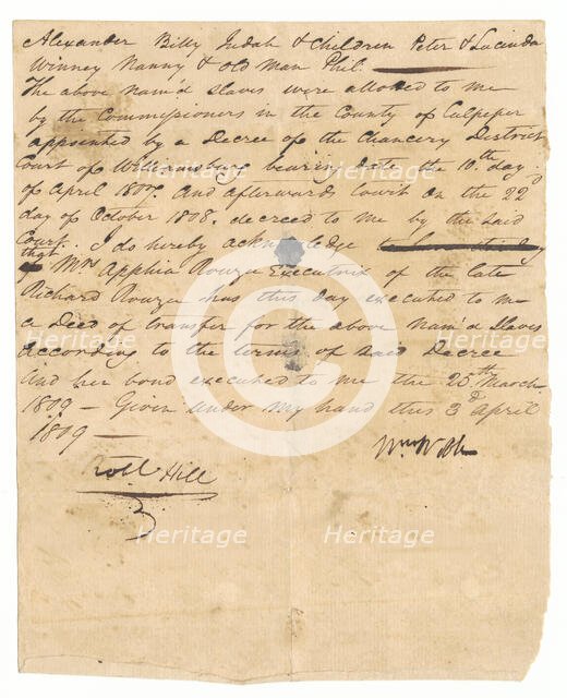 Deed of transfer of enslaved persons from the estate of Richard Rouzee, April 3, 1809. Creator: Unknown.
