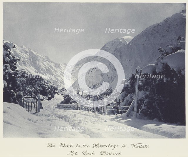 The road to the Hermitage in winter, Mt Cook district, 1920s. Creator: Harry Moult.