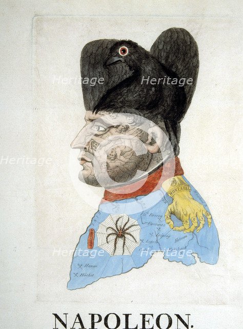 Napoleon Bonaparte (1769-1821), French emperor, satirical engraving.