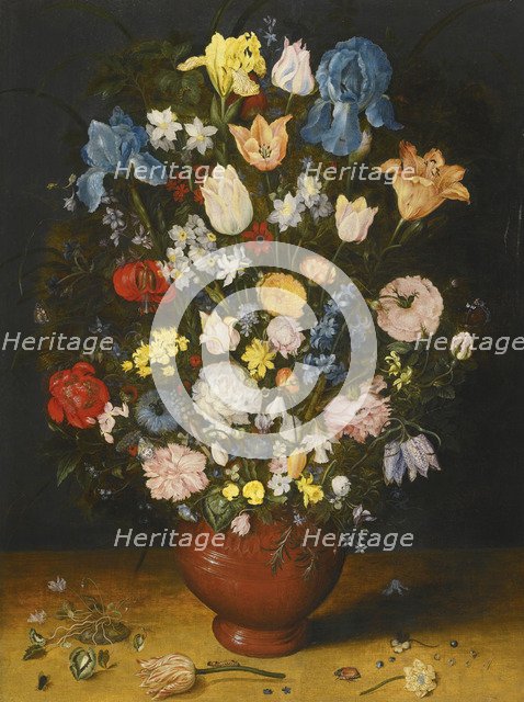 Still life with irises, tulips, roses, and narcissus in a ceramic vase, c.1600-1605.