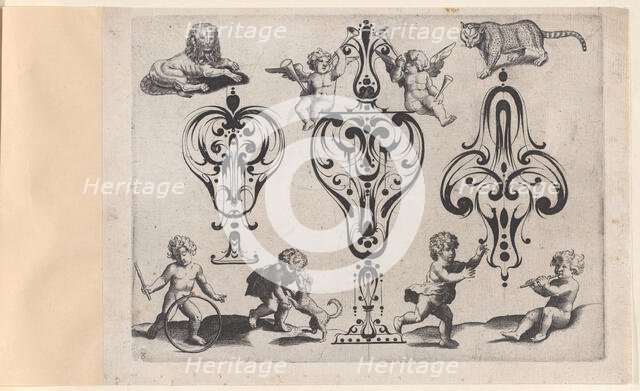 Blackwork Designs with Putti and Felines, Plate 8 from a Series of Blackwork Ornamen..., after 1622. Creator: Meinert Gelijs.