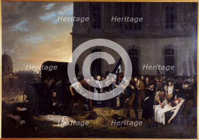 Provisional burial of July victims in front of the colonnade of the Louvre, 1831. Creator: Jean Alphonse Roehn.