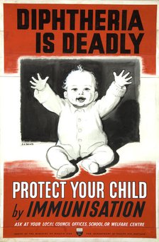 'Diptheria is deadly. Protect your child by immunisation', WWII poster, between 1939 and 1946. Creators: Central Office of Information, James Henry Dowd.