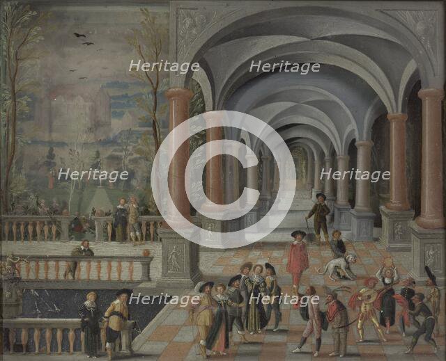 Festive Gathering and Figures from a Commedia dell'Arte in a Gallery, 1634. Creator: Monogrammist DB.