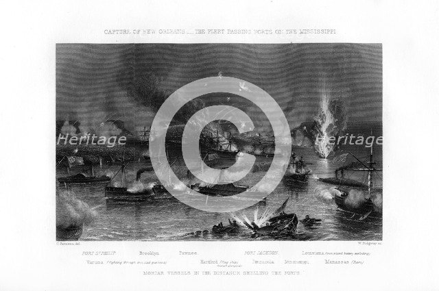 The fleet passing forts on the Mississippi, capture of New Orleans, 1862-1867.Artist: W Ridgway