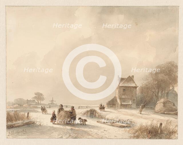 Winter landscape with sleigh and iceskaters, 1797-1870. Creator: Andreas Schelfhout.