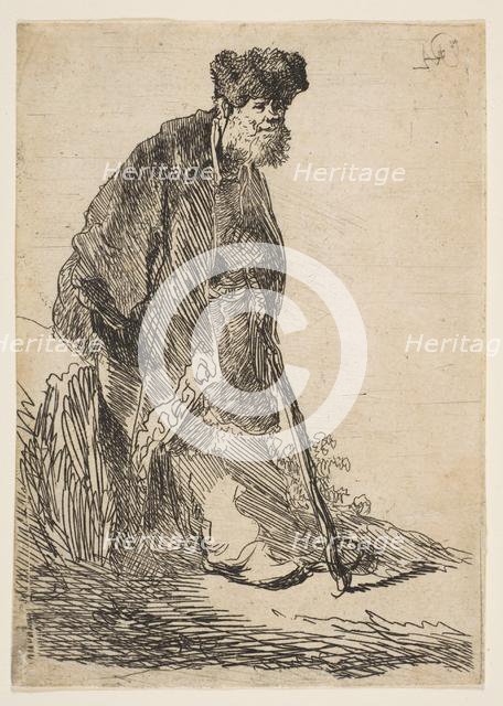 Man in a Coat and Fur Cap Leaning against a Bank, ca. 1630. Creator: Rembrandt Harmensz van Rijn.