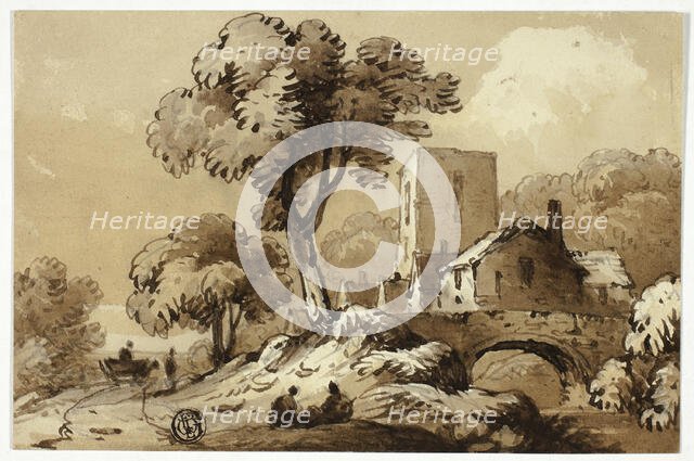 Wagon Passing Group of Houses Beside Stream, n.d. Creator: James Robertson.