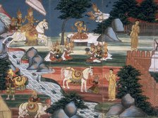 Prince Siddhattha cuts off his hair at the Anoma river..., c1800-1820. Creator: Unknown.