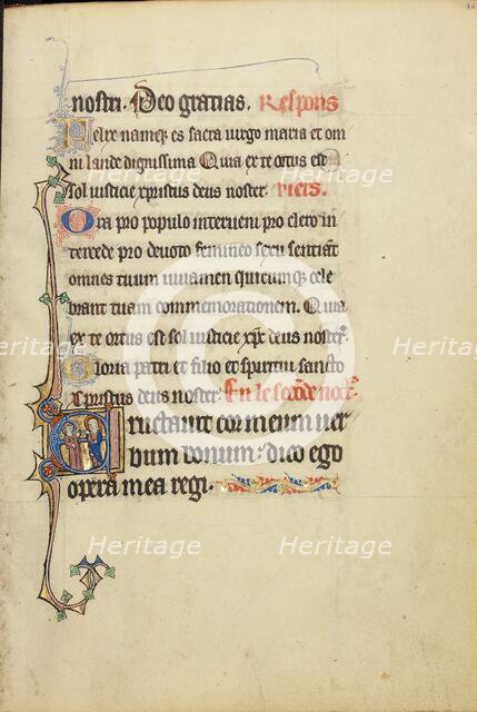 Initial E: The Virgin Mary and an Apostle in Conversation; Ruskin Hours, about 1300. Creator: Unknown.