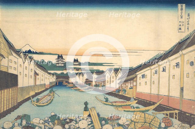 Nihonbashi in Edo (Edo Nihonbashi), from the series Thirty-six Views of Mount Fuji ..., ca. 1830-32. Creator: Hokusai.