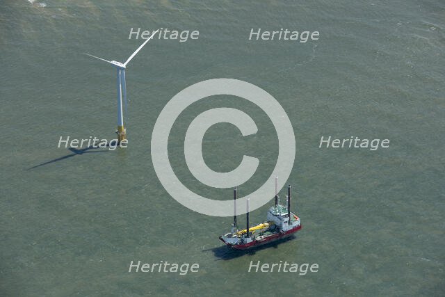 Wind turbine installation vessel at Scroby Sands Wind Farm, Norfolk, 2021. Creator: Damian Grady.