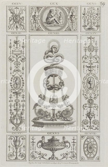 Tripod and Panels of Ornament, nos. CCIV-CCXVII ("Designs for Various Ornamen..., February 29, 1782. Creator: Michelangelo Pergolesi.