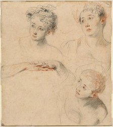 Three Studies of a Woman's Head and a Study of Hands [recto], 1718/1719. Creator: Jean-Antoine Watteau.