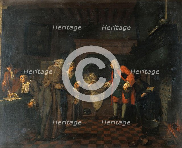 Interior with a medical practitioner attending to a sick man in the presence of other figures, 1751. Creator: Jan Josef Horemans I.