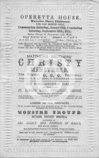A programme of events to be stage at the Operetta House, Waterloo Place, Edinburgh', 1874. Artist: Unknown.