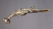 Pair of Wheellock Pistols with Matching Priming Flask/Spanner, French, ca. 1570-80. Creator: Etienne Delaune.
