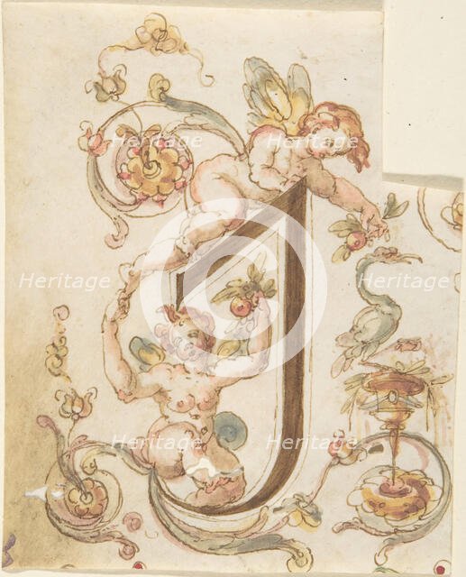 Decorative Letter "I" with Putti (Embroidery Design?), 16th century. Creator: Anon.
