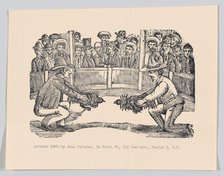 Two men in an arena holding cocks in preparation for a fight, spe..., ca 1890-1910 (reprinted 1964). Creator: José Guadalupe Posada.