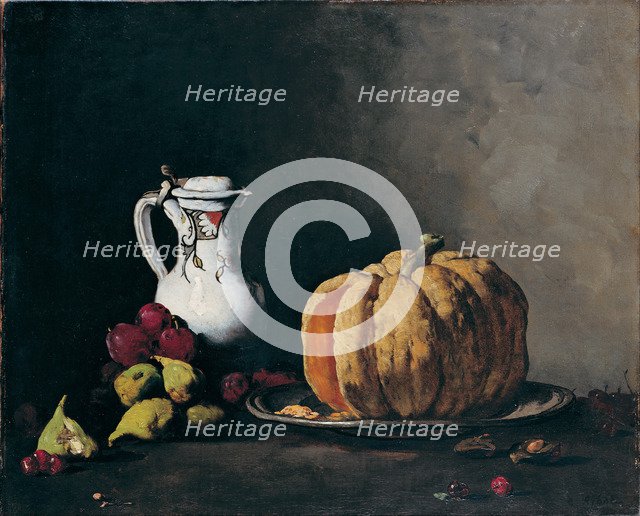 Still Life with Pumpkin, Plums, Cherries, Figs and Jug, ca 1860. Artist: Ribot, Théodule Augustin (1823-1891)
