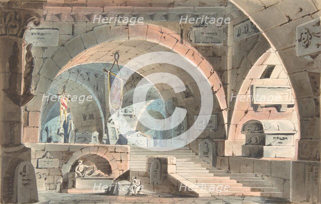 Crypt with a Kneeling Mourner, 1830-40. Creator: Anon.