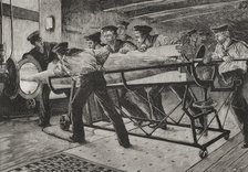 Torpedo practice on board HMS Thunderer, preparing to launch a Whitehead Fish Torpedo..., 1878. Creator: Unknown.