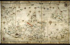 [Whole map] Desceliers map of the world; with illuminated borders..., 1550. Creator: Pierre Desceliers.