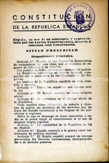 First page of the text of the Constitution of the Second Spanish Republic in 1931.