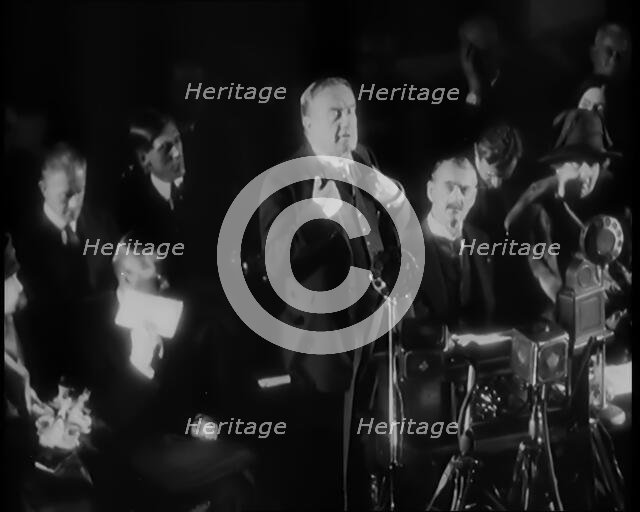 Stanley Baldwin Giving a Speech in Front of a Large Crowd, 1931. Creator: British Pathe Ltd.