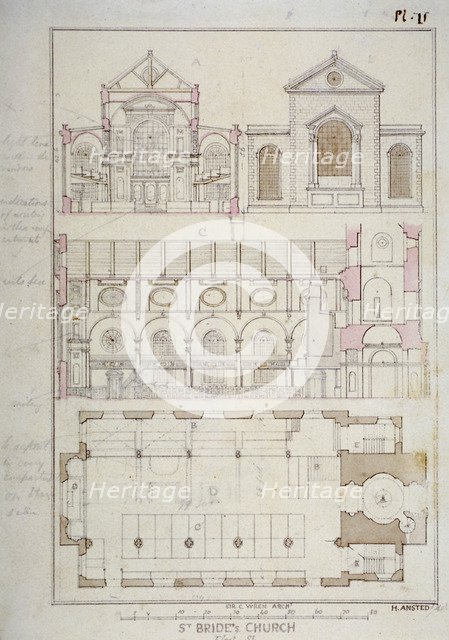 Section, elevation and ground plan of St Bride's Church, Fleet Street, City of London, 1840. Artist: H Ansted