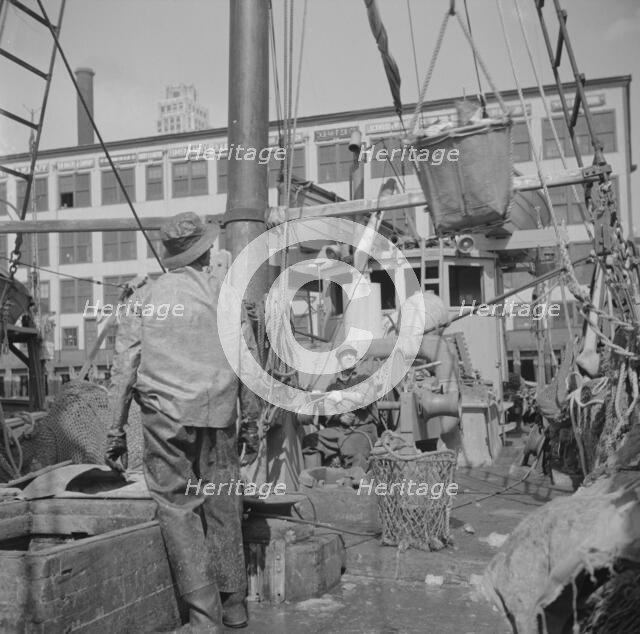 A hoister unloading fish at the Fulton fish market, New York, 1943. Creator: Gordon Parks.
