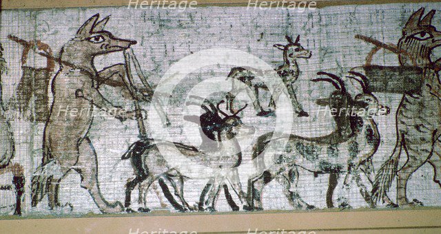 Detail from the Egyptian 'satirical papyrus' of a fox playing the pipes and leading goats. Artist: Unknown