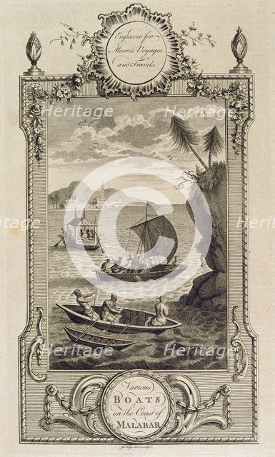 Boats on the Malabar coast, engraving in the work 'Voyages and Travels' by John Hamilton Moore.