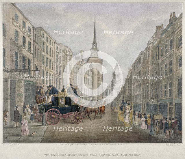 The Cambridge coach leaving the Nelson Inn, Belle Sauvage Yard, Ludgate Hill, London, 1818. Artist: Charles Joseph Hullmandel