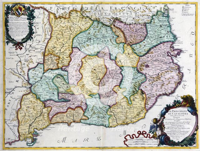 Coloured map of the Principality of Catalonia, Rome, 1690. Creator: Cantelli, G.; Barbey, A.; Rossi, G. G..