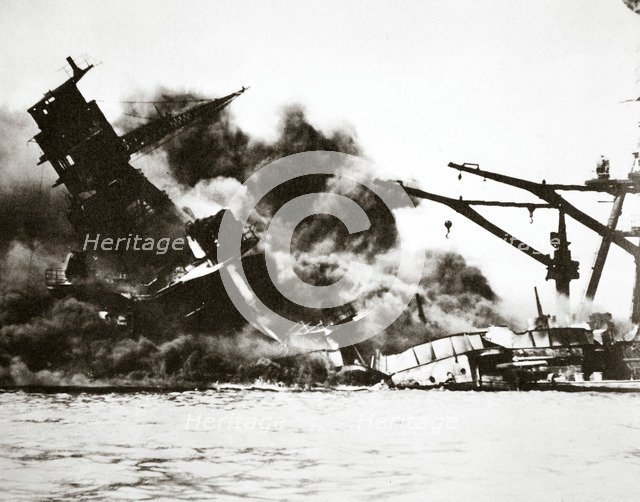 Battleship USS 'Arizona' (BB-39) sinking during the attack on Pearl Harbour, 1941. Artist: Unknown
