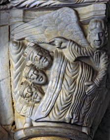 Capital in the left part of the Cloister of the Cathedral of Tarragona representing the Magi lyin…