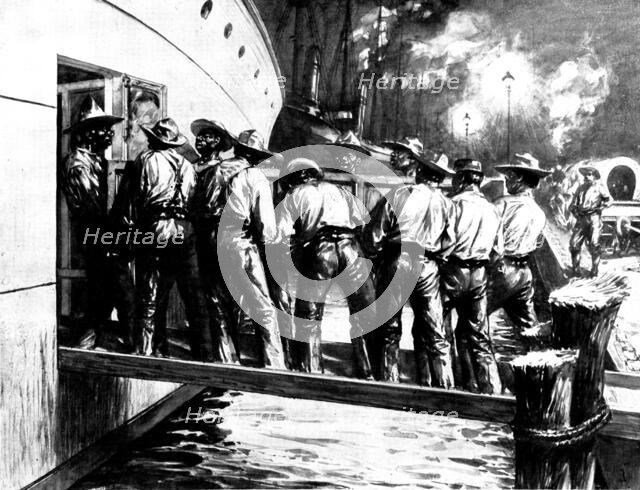 Spanish-American War: U.S. Mobilisation at Tampa: n*groes shipping the wagon train at night, 1898. Creator: Unknown.