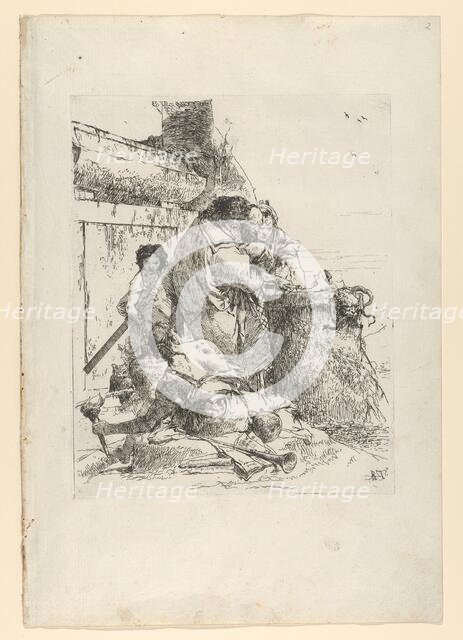 Three magicians burning a snake, from the Scherzi, ca. 1743-50. Creator: Giovanni Battista Tiepolo.