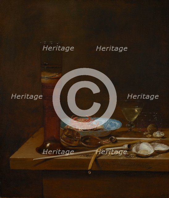 Still life with smoking utensils and crabs, 1657. Artist: Velde, Jan van de III (ca. 1620-1662)