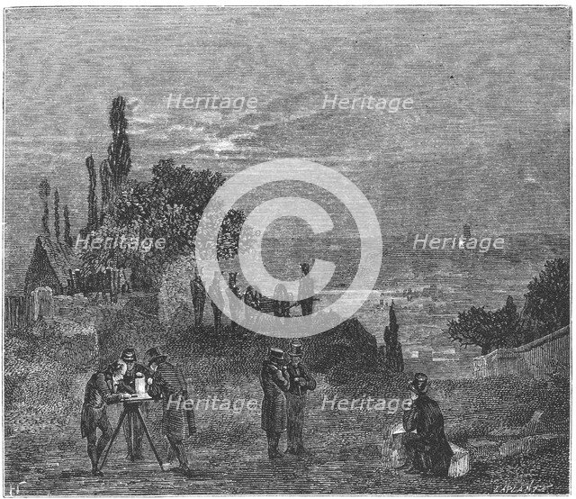 Experiment to calculate the speed of sound in air, Paris, 1822 (1873). Artist: Amedee Guillemin