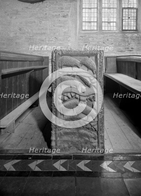 A pew end in St Nonna's church, Altarnun, Cornwall, 1957. Artist: Herbert Felton