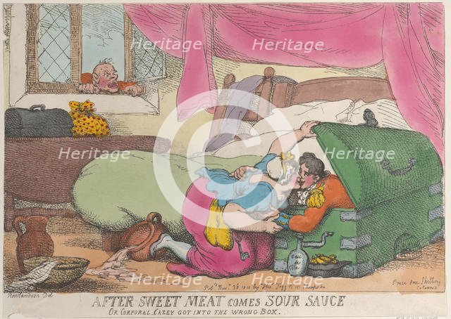 After Sweet Meat Comes Sour Sauce, or Corporal Casey Got into the Wrong Box, ..., November 30, 1810. Creator: Thomas Rowlandson.