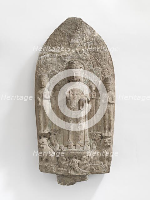 Standing bodhisattvas with monks, Pratyekabuddhas, lions..., Period of Division, 557-581. Creator: Unknown.